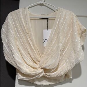 Zara Cream Tie Front Crop Blouse